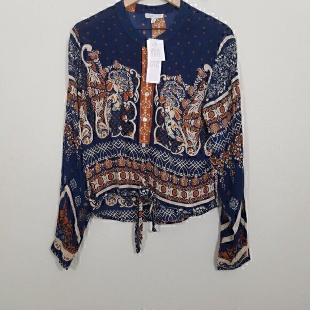 NWT Patrons of Peace Navy Long Sleeve Blouse Top Shirts Print Size S